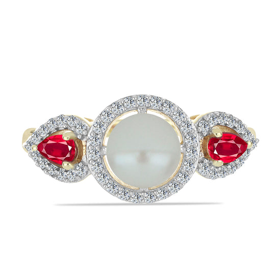 Goldplattierter Silberring mit weißer Süßwasserperle und Rubin aus Madagaskar