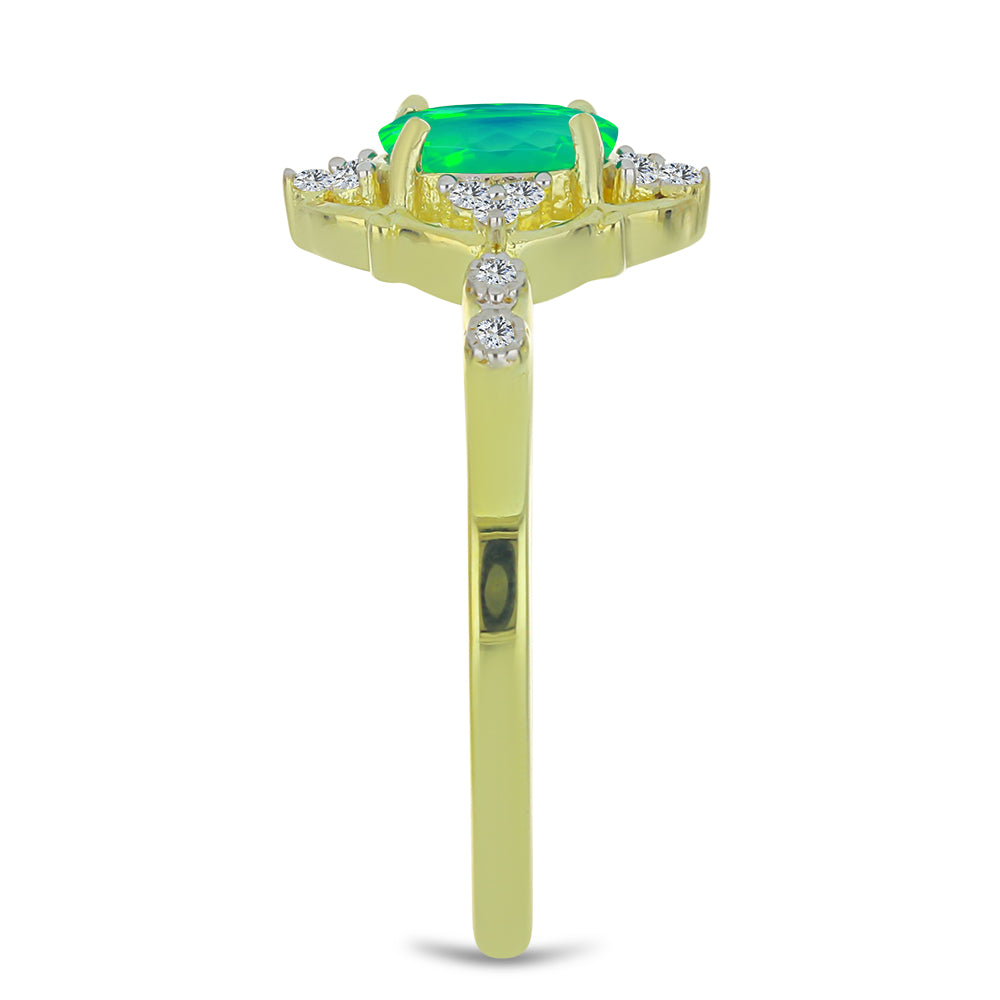 Goldplattierter Silberring mit grünem äthiopischem Opal aus Lega Dembi und weißem Topas