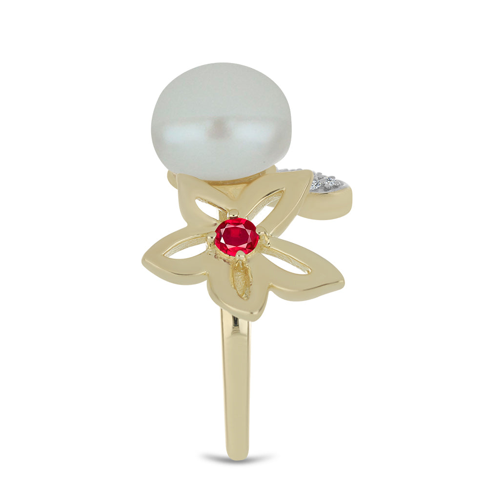 Goldplattierter Silberring mit weißer Süßwasserperle und Rubin aus Madagaskar