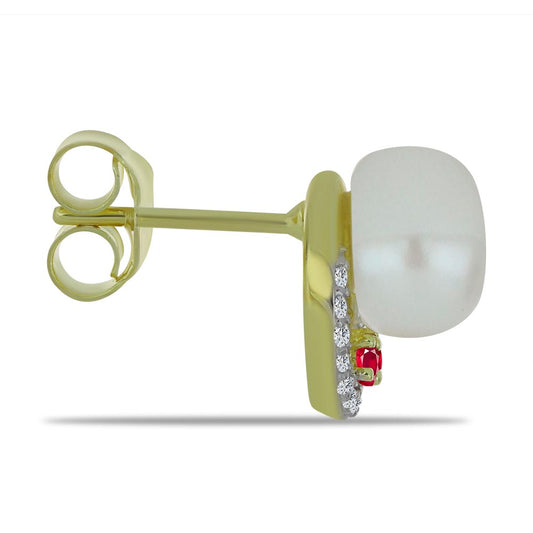 Goldplattierte Silberohrringe mit weißer Süßwasserperle und Rubin aus Madagaskar
