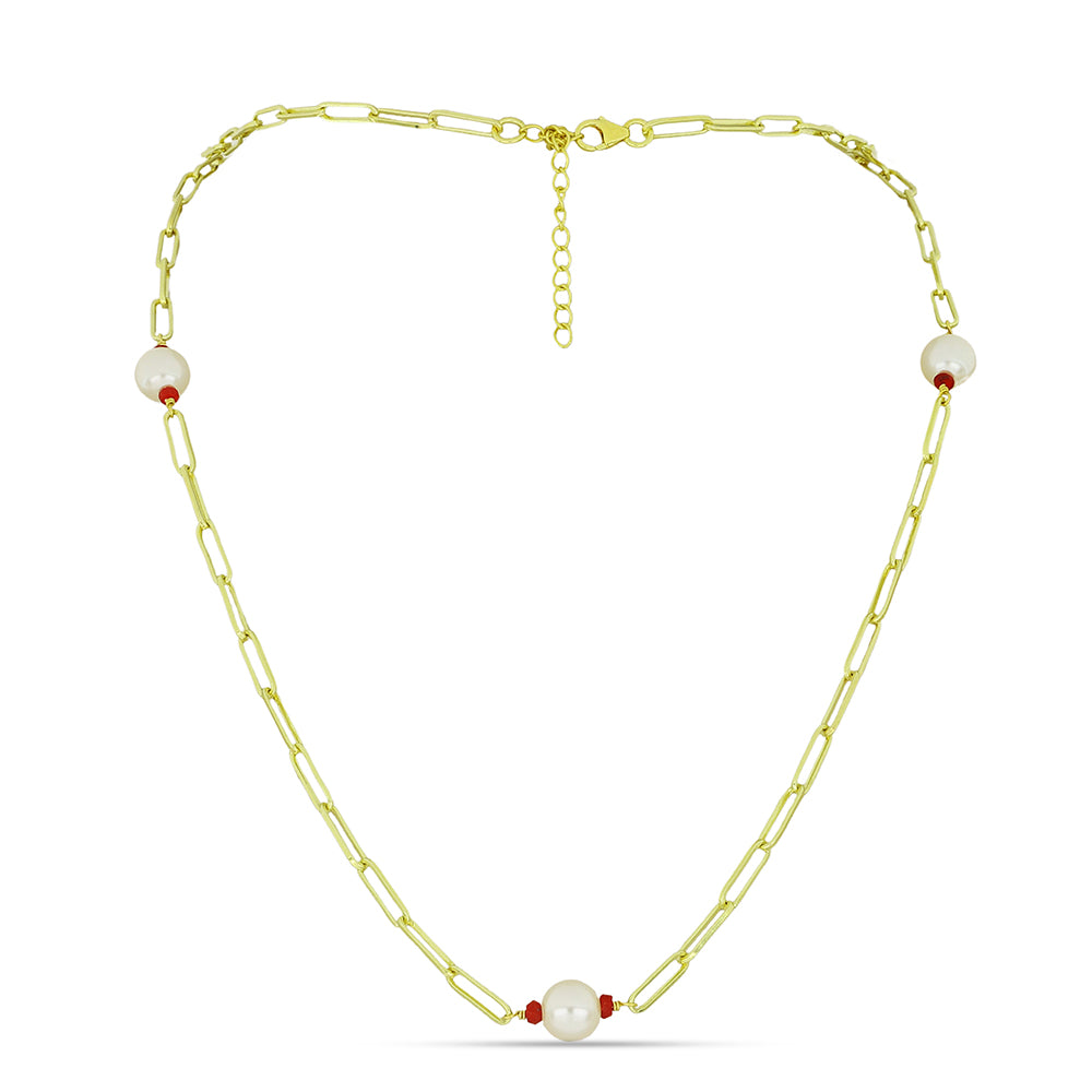 Goldplattierte Silberhalskette mit weißer Süßwasserperle und Rubin aus Madagaskar