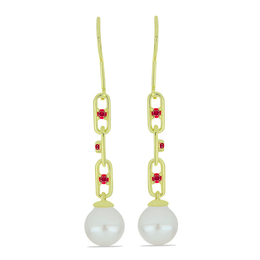 Goldplattierte Silberohrringe mit weißer Süßwasserperle und Rubin aus Madagaskar
