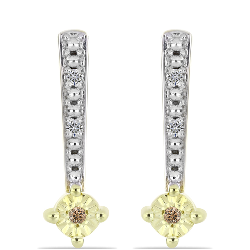 Goldplattierte Silberohrringe mit Champagner-Diamant und weißem Diamant