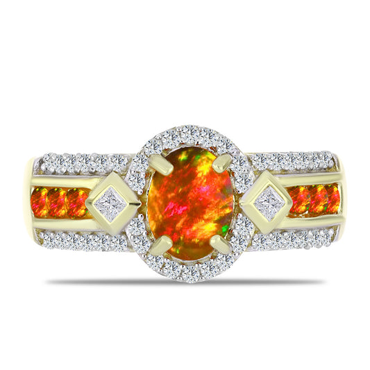 Goldplattierter Silberring mit amerikanischem Feueropal und weißem Topas