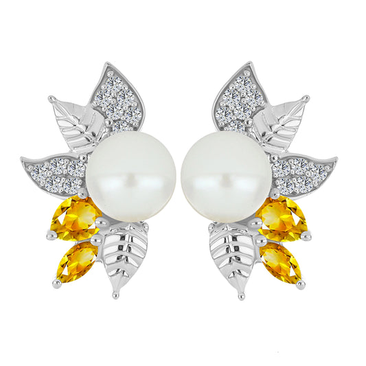 Silberohrringe mit Zitrin aus dem Ural und weißer Süßwasserperle
