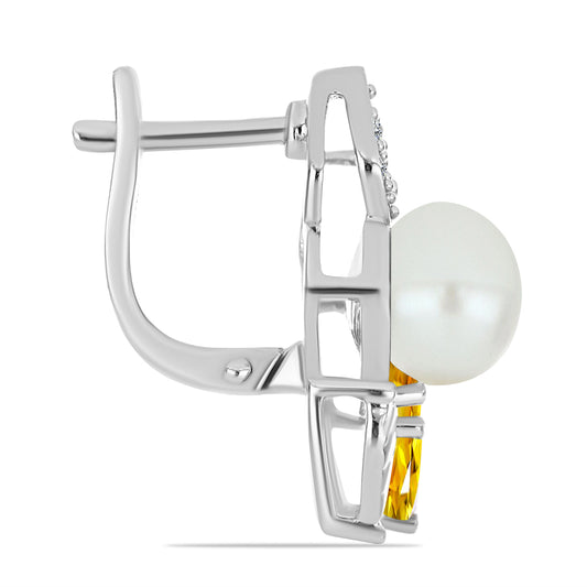 Silberohrringe mit Zitrin aus dem Ural und weißer Süßwasserperle