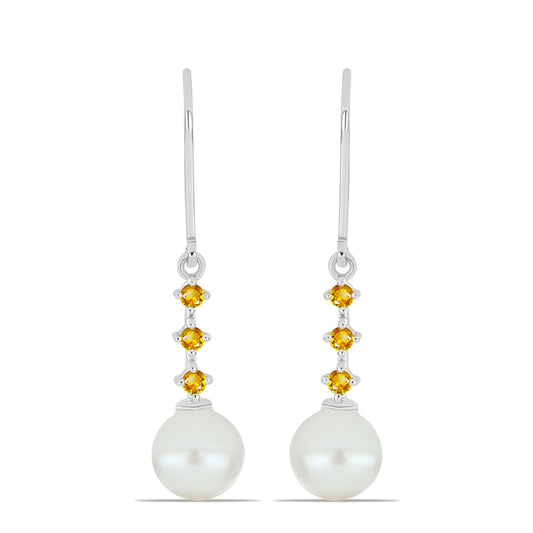 Silberohrringe mit Zitrin aus dem Ural und weißer Süßwasserperle