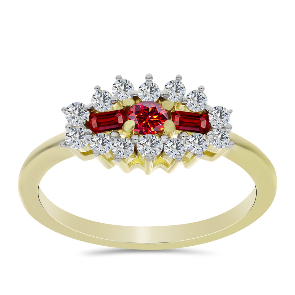 Goldplattierter Silberring mit majestätischem rotem Moissanit und weißem Topas