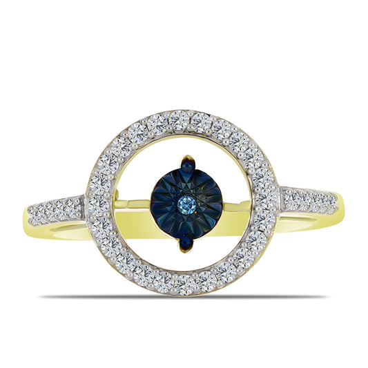 Goldplattierter Silberring mit blauem tanzendem Diamanten und weißem Topas