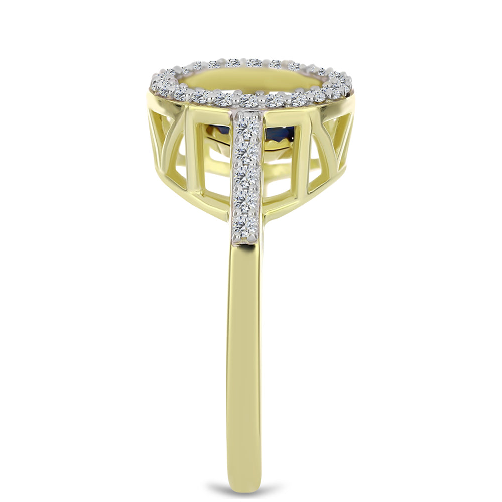 Goldplattierter Silberring mit blauem tanzendem Diamanten und weißem Topas