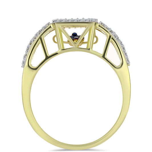 Goldplattierter Silberring mit blauem tanzendem Diamanten und weißem Topas