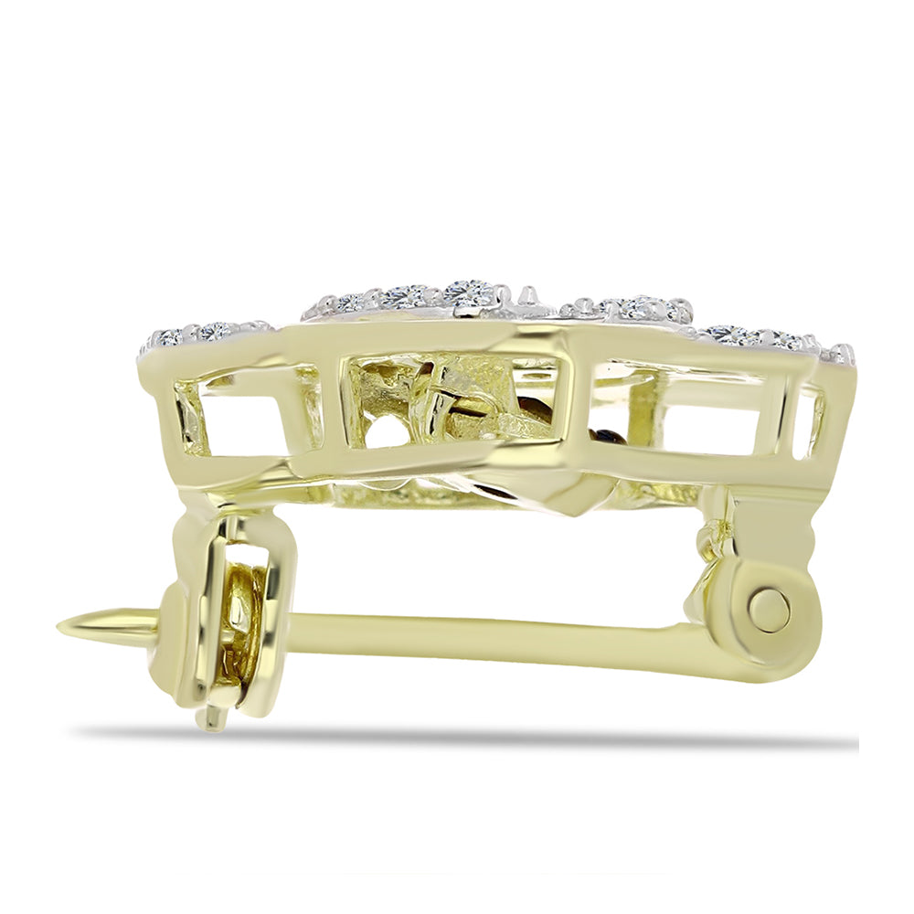 Goldplattierte Silberbrosche mit blauem tanzendem Diamanten und weißem Topas