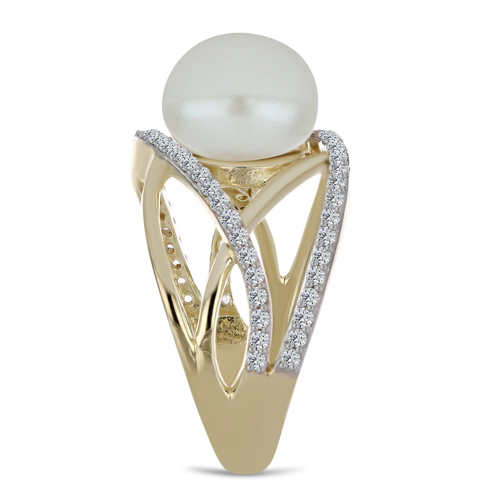 Goldplattierter Silberring mit weißer Süßwasserperle und weißem Topas