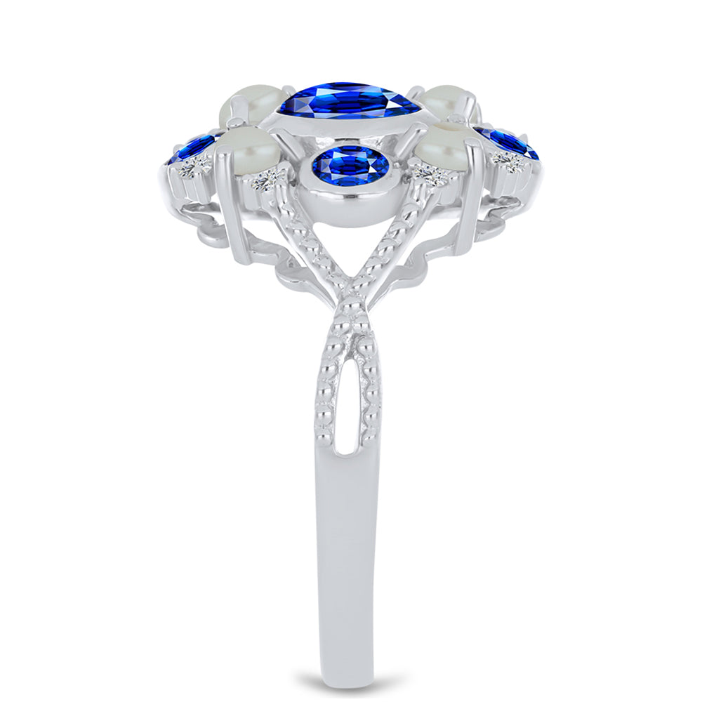 Silberring mit australischem blauem Saphir und weißer Süßwasserperle