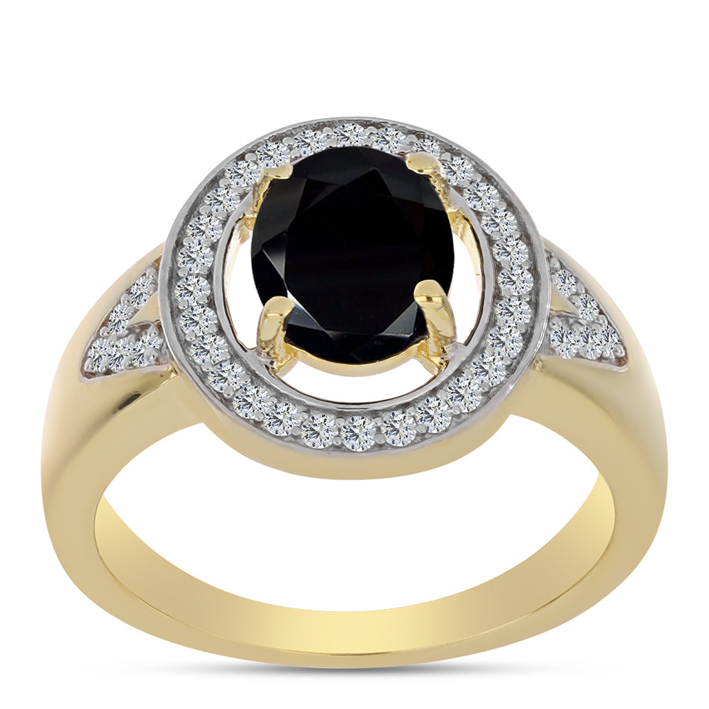 Goldplattierter Silberring mit schwarzem Onyx und weißem Topas