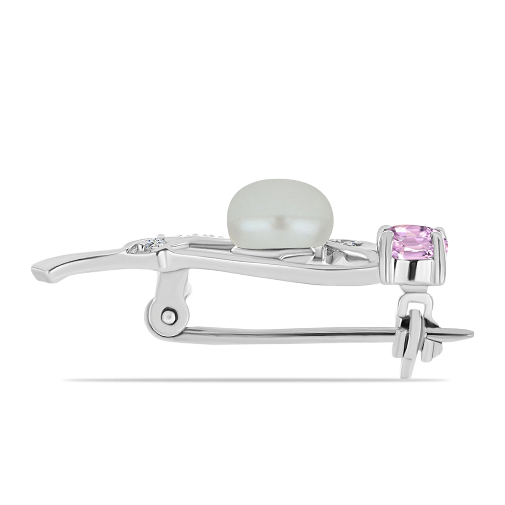 Silberbrosche mit Kunzit aus Pala und weißer Süßwasserperle