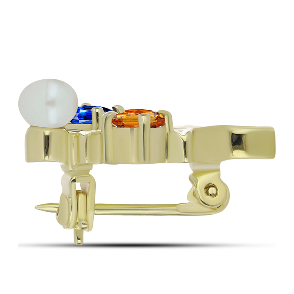 Goldplattierte Silberbrosche mit Regenbogensaphir und weißer Süßwasserperle