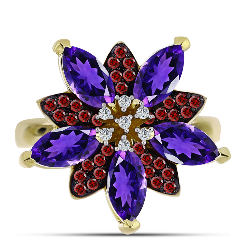 Goldplattierter Silberring mit marokkanischem Amethyst und Barton Granat