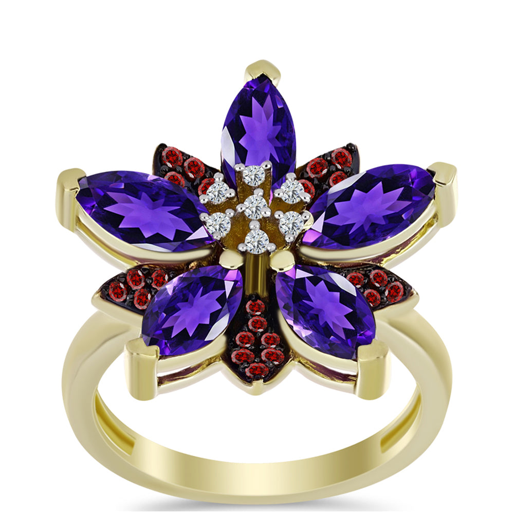 Goldplattierter Silberring mit marokkanischem Amethyst und Barton Granat