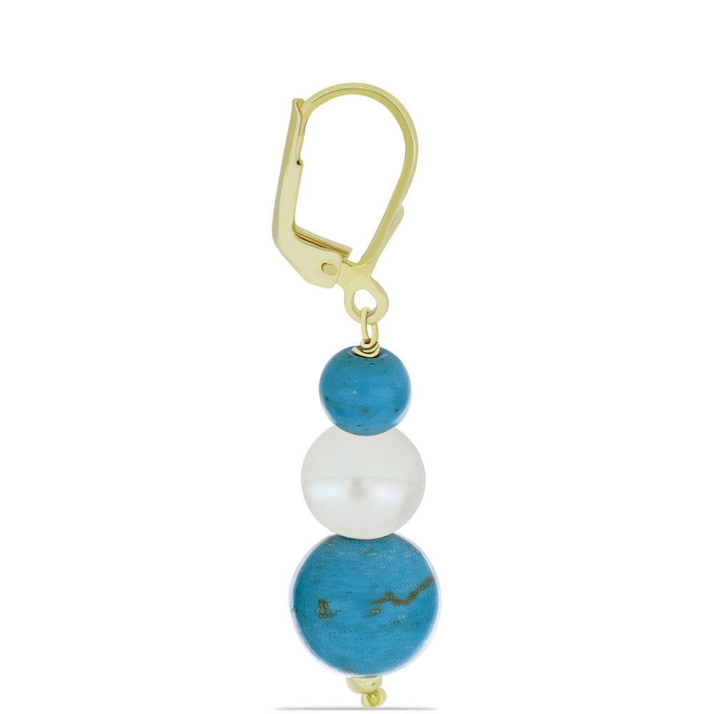Goldplattierte Silberohrringe mit Dornröschen Türkis und weißer Süßwasserperle