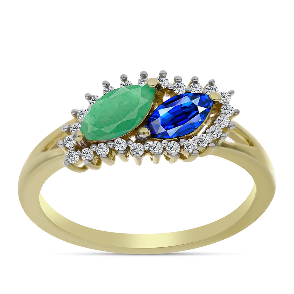 Goldplattierter Silberring mit australischem blauem Saphir und brasilianischem Smaragd