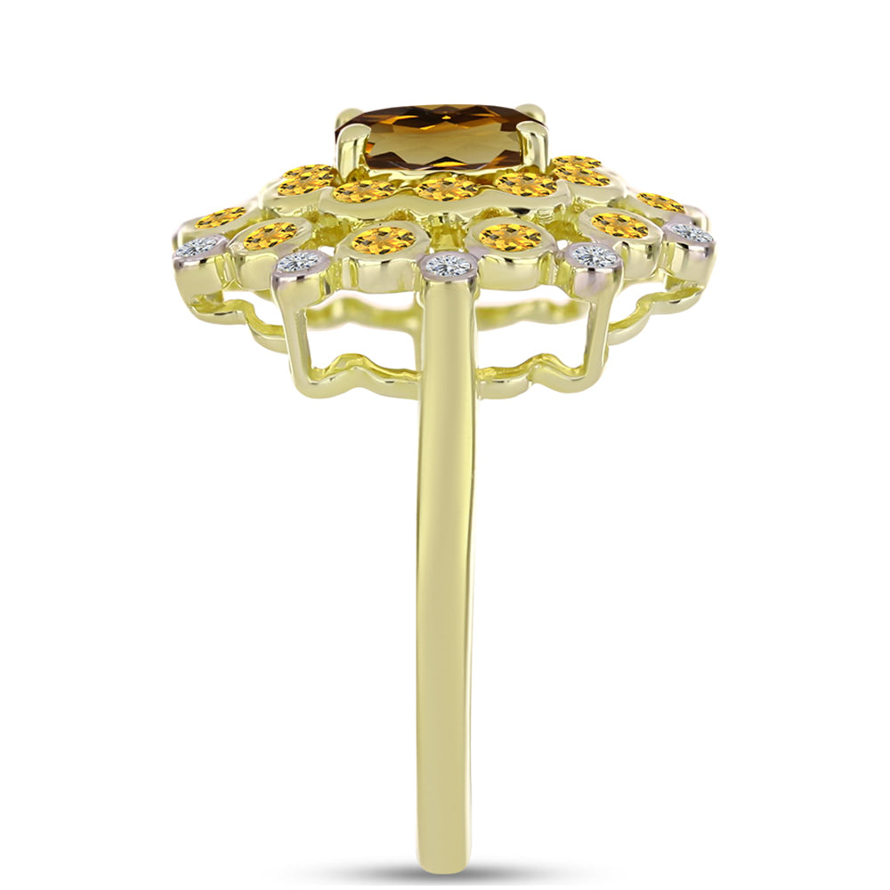 Goldplattierter Silberring mit Cognac-Quarz und weißem Topas