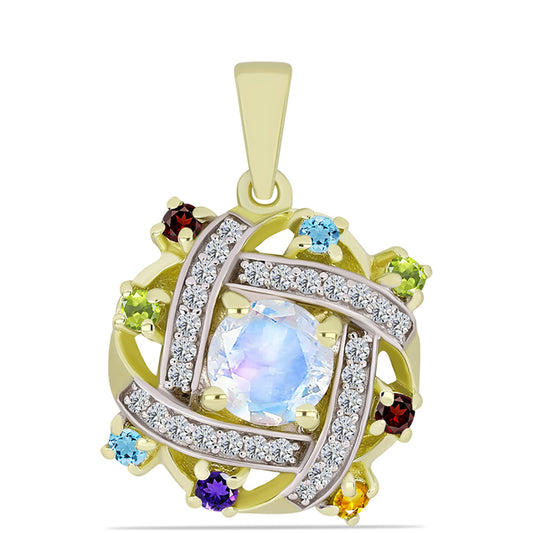 Goldplattierter Silberanhänger mit Regenbogenmondstein und marokkanischem Amethyst