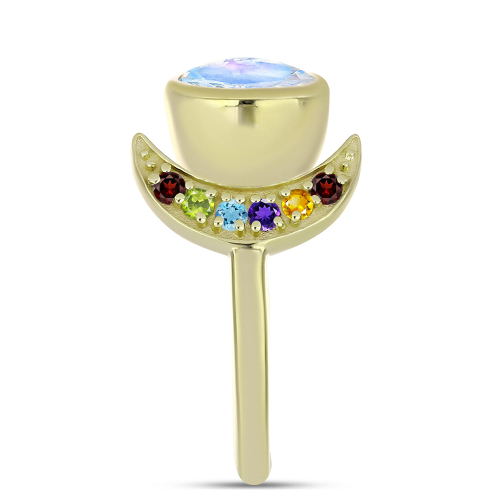 Goldplattierter Silberring mit Regenbogenmondstein und marokkanischem Amethyst
