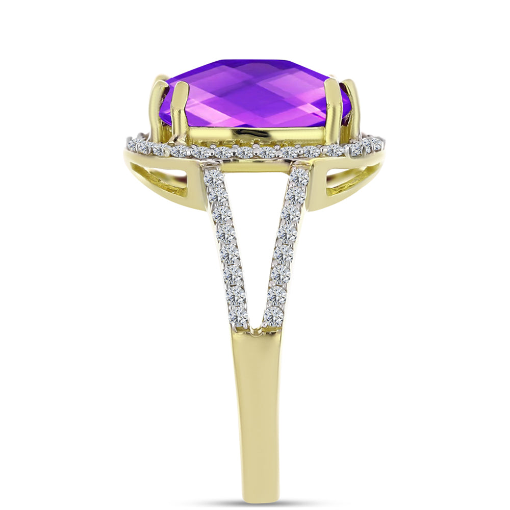 Goldplattierter Silberring mit lila Achat und weißem Topas