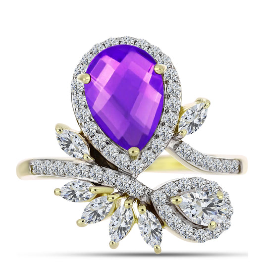 Goldplattierter Silberring mit lila Achat und weißem Topas