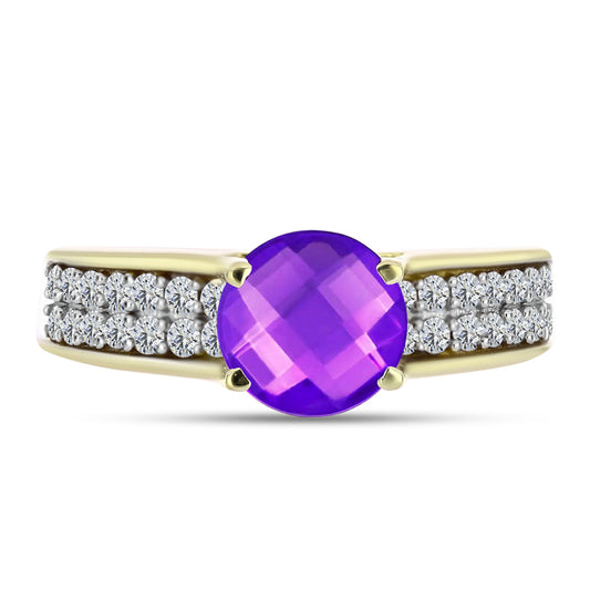 Goldplattierter Silberring mit lila Achat und weißem Topas