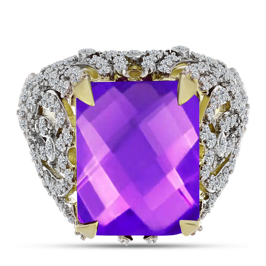 Goldplattierter Silberring mit lila Achat und weißem Topas