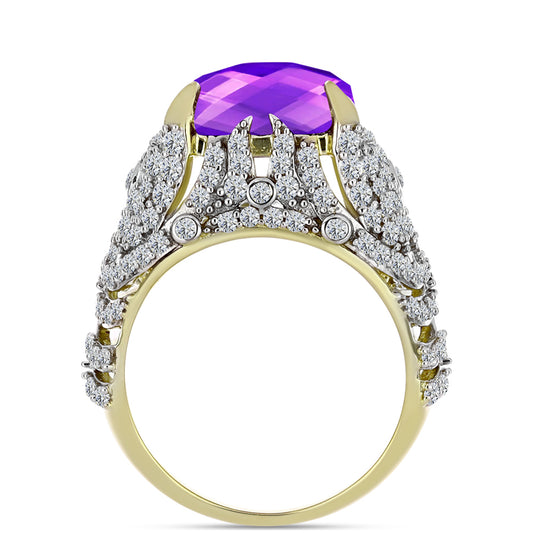 Goldplattierter Silberring mit lila Achat und weißem Topas