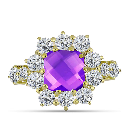 Goldplattierter Silberring mit lila Achat und weißem Topas