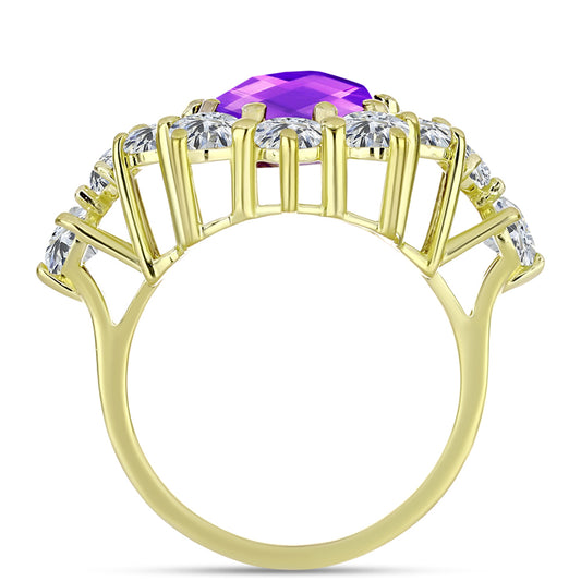 Goldplattierter Silberring mit lila Achat und weißem Topas