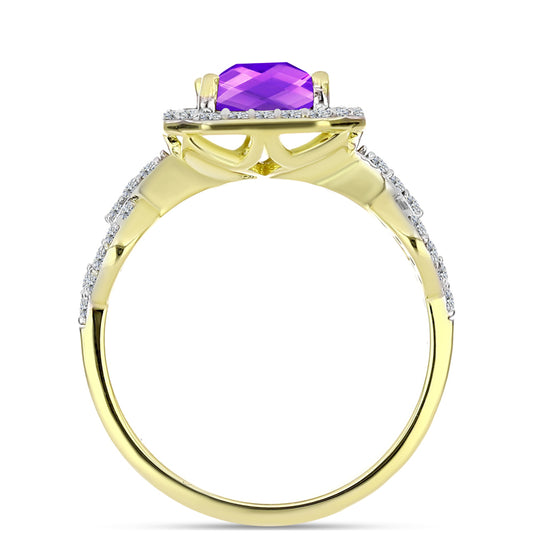 Goldplattierter Silberring mit lila Achat und weißem Topas