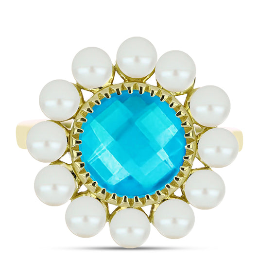 Goldplattierter Silberring mit blauem Jade und weißer Süßwasserperle