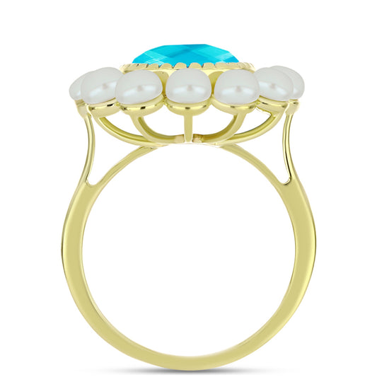 Goldplattierter Silberring mit blauem Jade und weißer Süßwasserperle