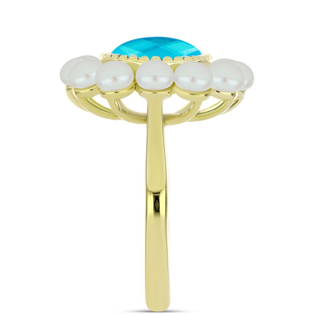 Goldplattierter Silberring mit blauem Jade und weißer Süßwasserperle