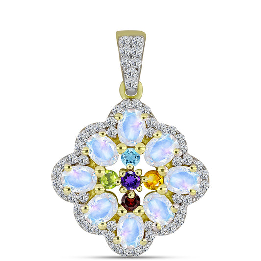 Goldplattierter Silberanhänger mit Regenbogenmondstein und marokkanischem Amethyst