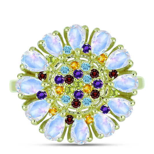 Goldplattierter Silberring mit Regenbogenmondstein und marokkanischem Amethyst
