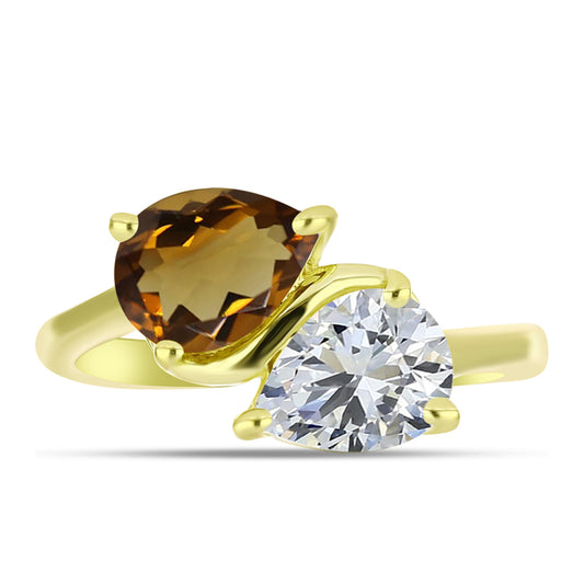 Goldplattierter Silberring mit Cognac-Quarz und weißem Topas