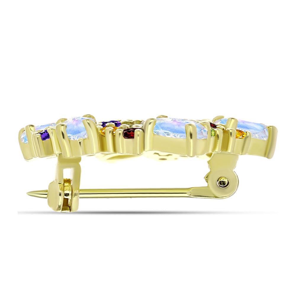 Goldplattierte Silberbrosche mit Regenbogenmondstein und marokkanischem Amethyst
