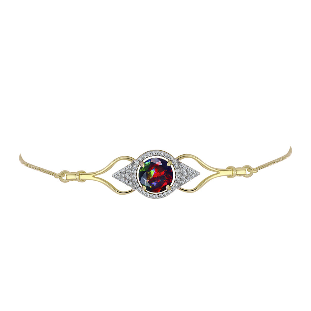 Goldplattiertes Silberarmband mit mitternachtsschwarzem äthiopischen Opal aus Lega Dembi und weißem Topas
