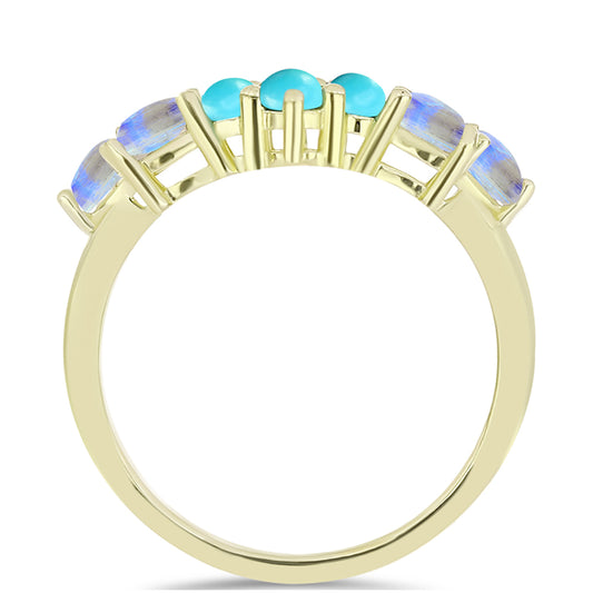Goldplattierter Silberring mit Dornröschen Türkis und Regenbogenmondstein