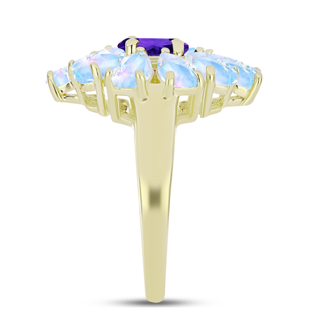 Goldplattierter Silberring mit Regenbogenmondstein und marokkanischem Amethyst