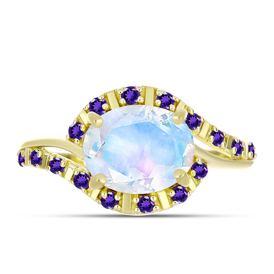 Goldplattierter Silberring mit Regenbogenmondstein und marokkanischem Amethyst