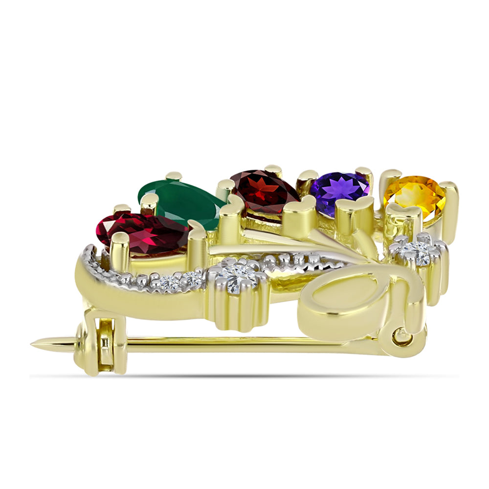 Goldplattierte Silberbrosche mit marokkanischem Amethyst und grünem Achat