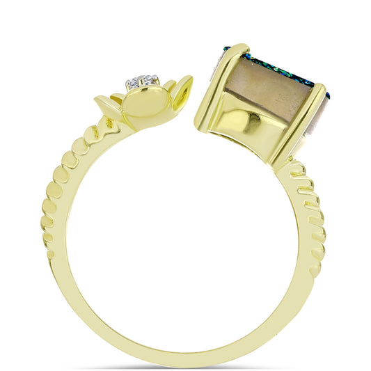 Goldplattierter Silberring mit grüner Druse und weißem Topas