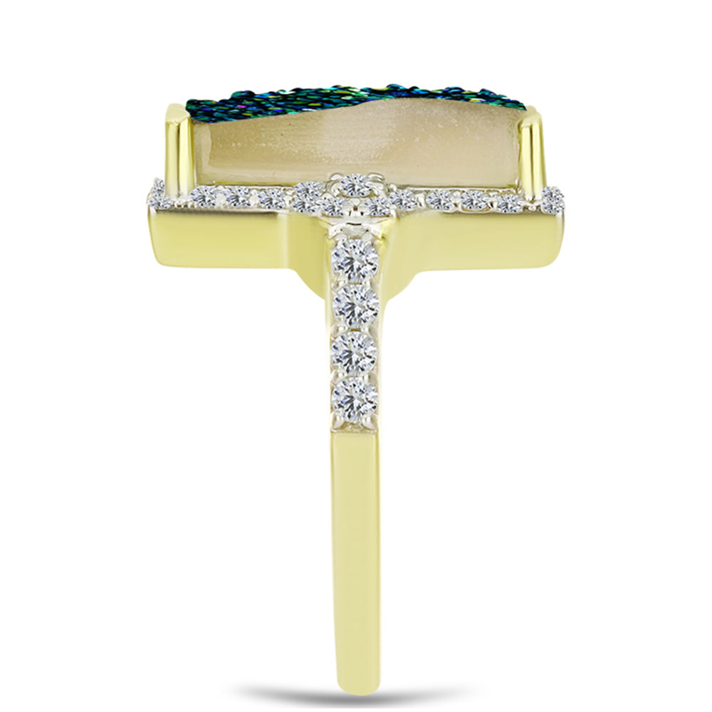 Goldplattierter Silberring mit grüner Druse und weißem Topas